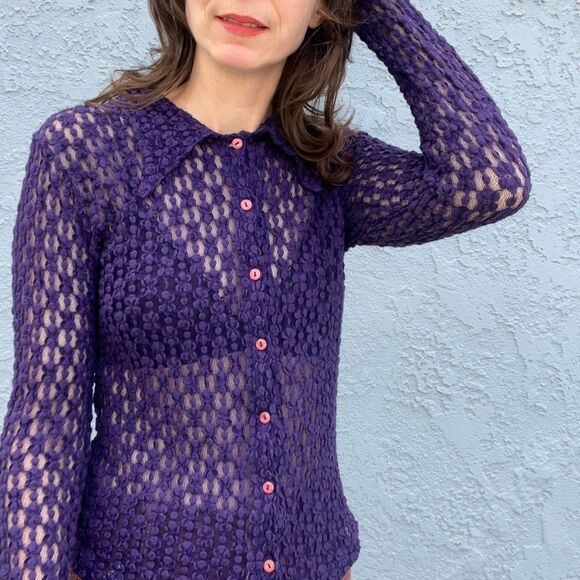 Miss Sixty y2k 90s Womens Lace Blouse Purple sheer top Size Medium - Picture 4 of 8